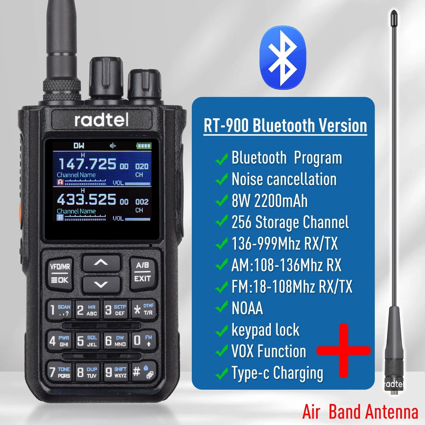 Radtel RT-900 8W Full band Ham Radio Walkie Talkie 256CH Air Band Two Way Radio Station Aviation NOAA Police Marine River PTT