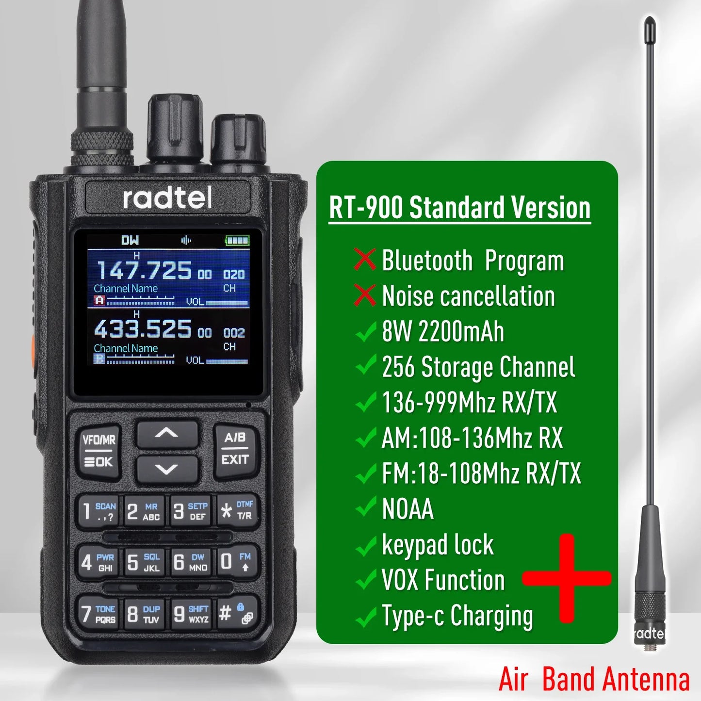 Radtel RT-900 8W Full band Ham Radio Walkie Talkie 256CH Air Band Two Way Radio Station Aviation NOAA Police Marine River PTT