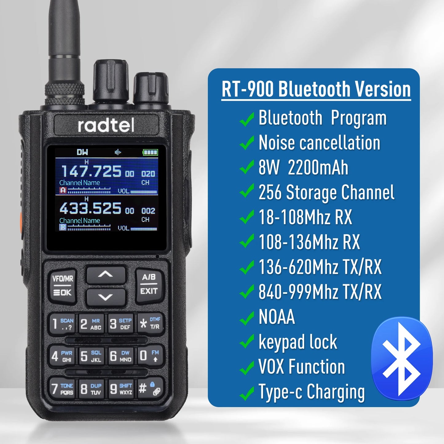 Radtel RT-900 8W Full band Ham Radio Walkie Talkie 256CH Air Band Two Way Radio Station Aviation NOAA Police Marine River PTT