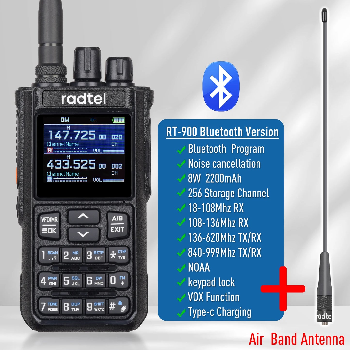 Radtel RT-900 8W Full band Ham Radio Walkie Talkie 256CH Air Band Two Way Radio Station Aviation NOAA Police Marine River PTT