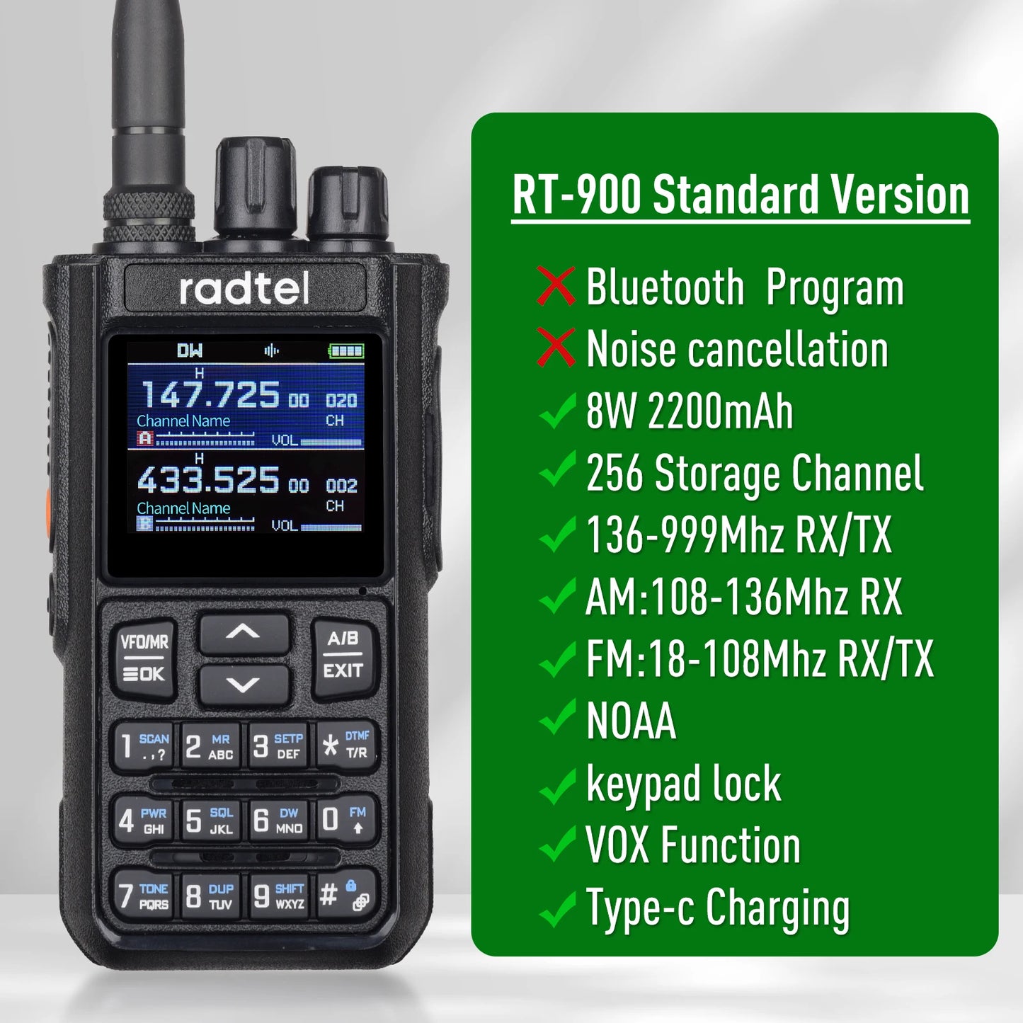 Radtel RT-900 8W Full band Ham Radio Walkie Talkie 256CH Air Band Two Way Radio Station Aviation NOAA Police Marine River PTT