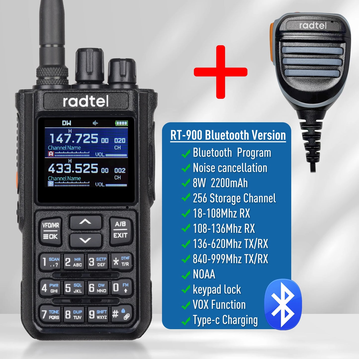 Radtel RT-900 8W Full band Ham Radio Walkie Talkie 256CH Air Band Two Way Radio Station Aviation NOAA Police Marine River PTT