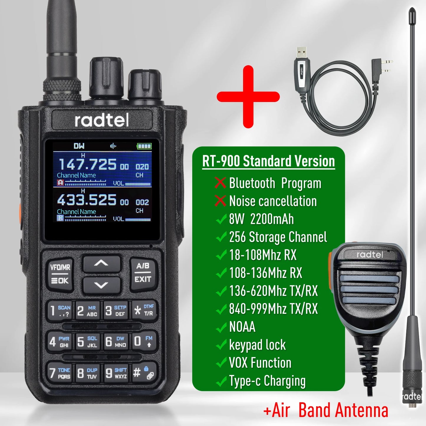 Radtel RT-900 8W Full band Ham Radio Walkie Talkie 256CH Air Band Two Way Radio Station Aviation NOAA Police Marine River PTT