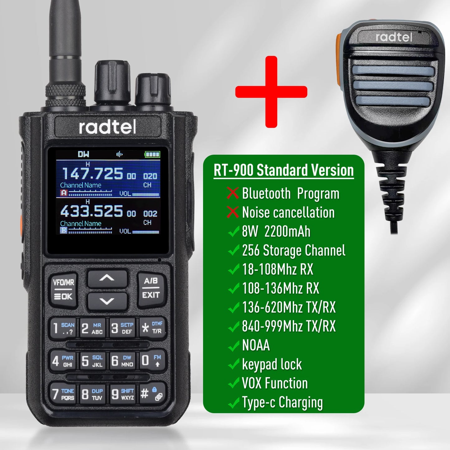 Radtel RT-900 8W Full band Ham Radio Walkie Talkie 256CH Air Band Two Way Radio Station Aviation NOAA Police Marine River PTT