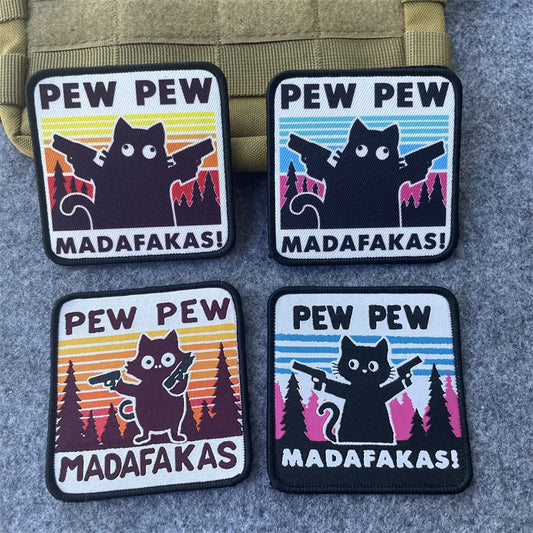 Pew Pew Madafakas Tactical Patches Embroidery Hook&Loop Patch Military Double Spear Black Cat Morale Badge Backpack Stickers