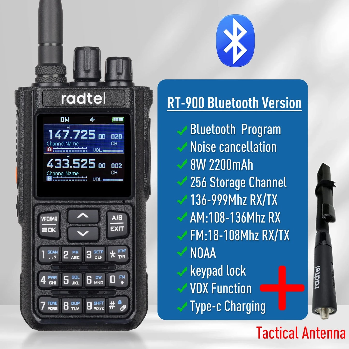 Radtel RT-900 8W Full band Ham Radio Walkie Talkie 256CH Air Band Two Way Radio Station Aviation NOAA Police Marine River PTT