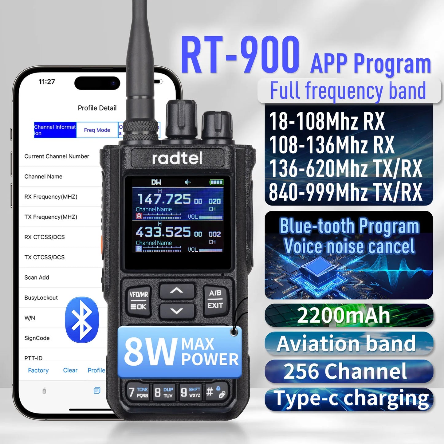 Radtel RT-900 8W Full band Ham Radio Walkie Talkie 256CH Air Band Two Way Radio Station Aviation NOAA Police Marine River PTT