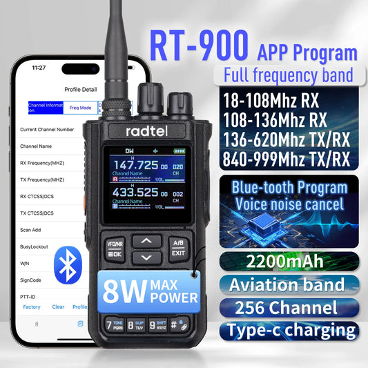 Radtel RT-900 8W Full band Ham Radio Walkie Talkie 256CH Air Band Two Way Radio Station Aviation NOAA Police Marine River PTT