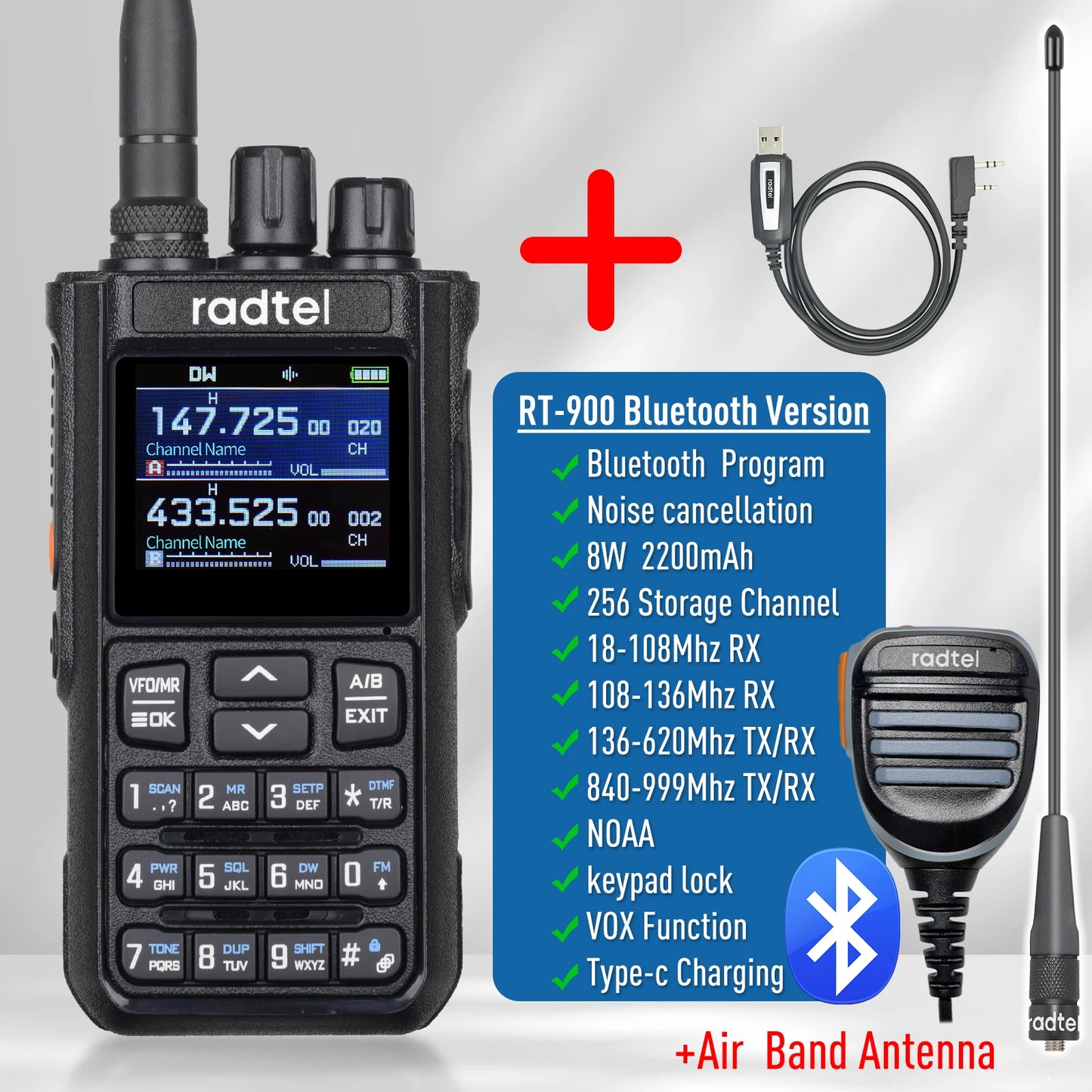 Radtel RT-900 8W Full band Ham Radio Walkie Talkie 256CH Air Band Two Way Radio Station Aviation NOAA Police Marine River PTT