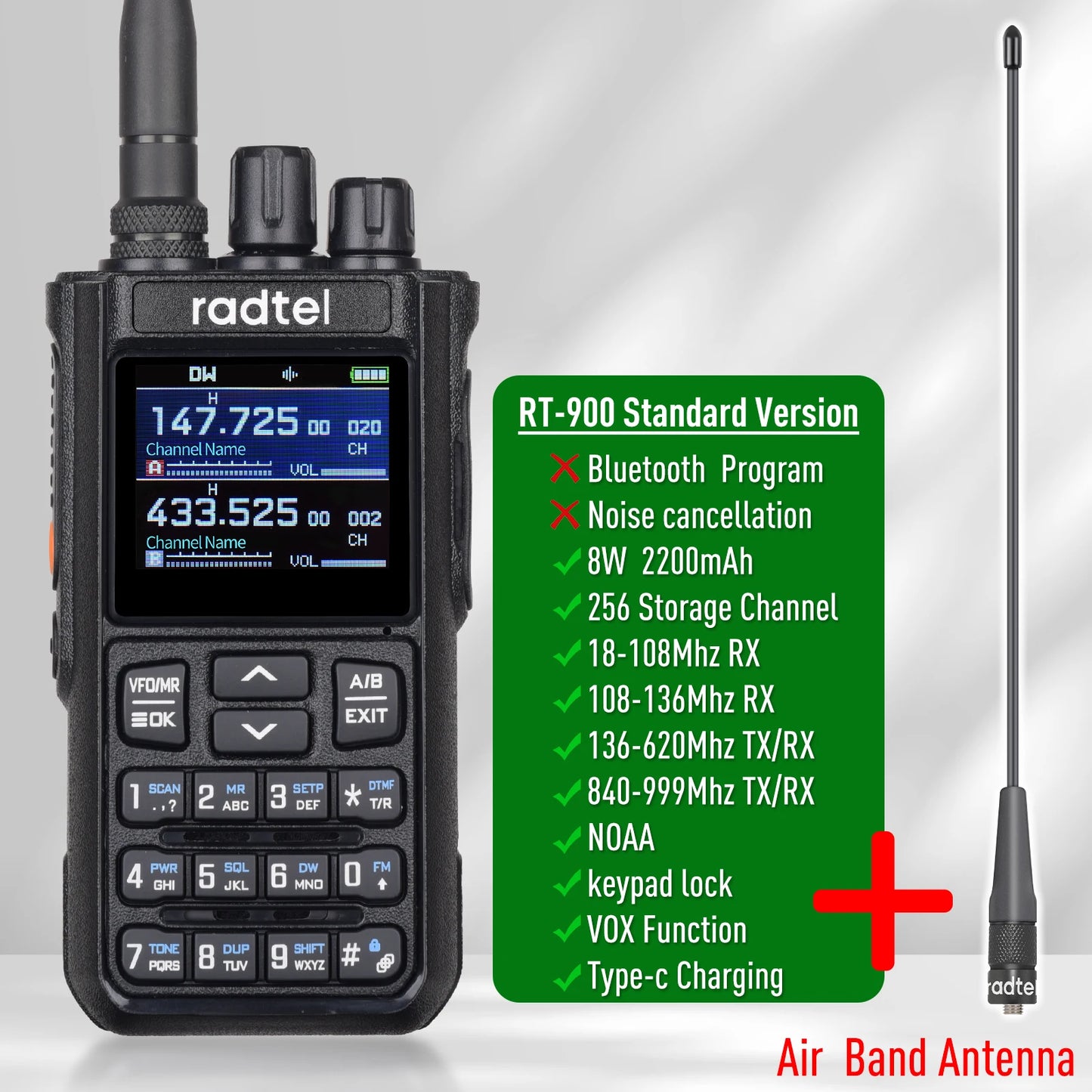 Radtel RT-900 8W Full band Ham Radio Walkie Talkie 256CH Air Band Two Way Radio Station Aviation NOAA Police Marine River PTT