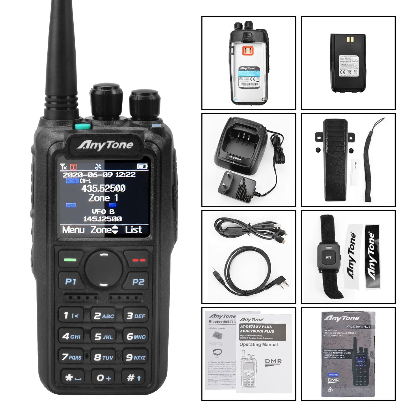 AnyTone AT-D878UVII Plus Dual Band Bluetooth PTT Digital/Analog APRS RX & TX AES256 Ecryption USB-C Charge Walkie Talkie