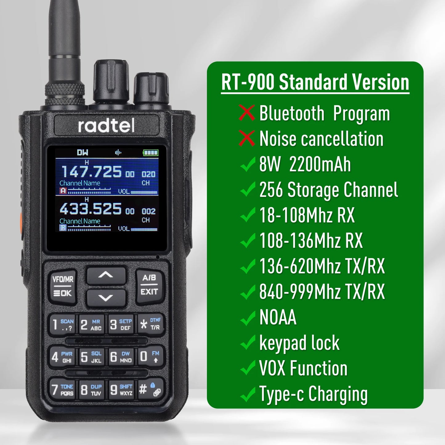 Radtel RT-900 8W Full band Ham Radio Walkie Talkie 256CH Air Band Two Way Radio Station Aviation NOAA Police Marine River PTT